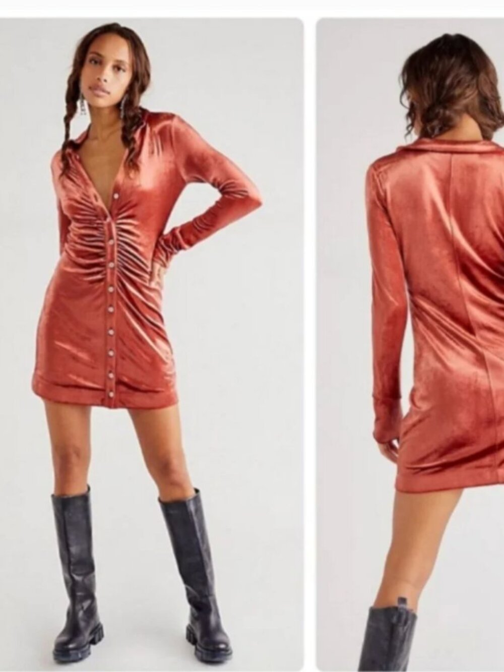 Free People Shayla Burnt Orange Velvet Mini Dress Terracotta